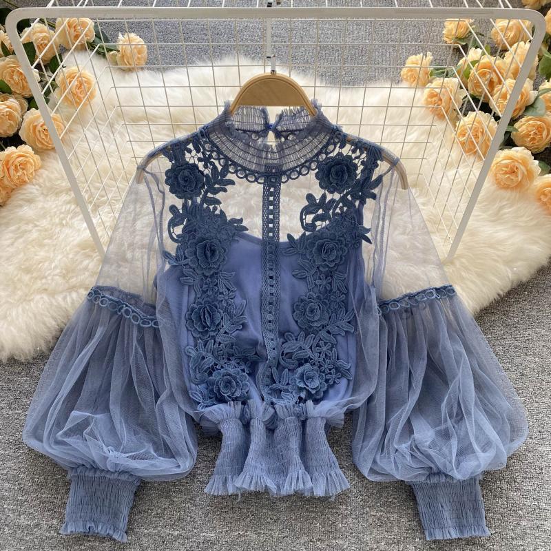2025 New Womens Artistic 3D Floral Appliqu Sheer Mesh Top - 实物图