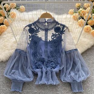2025 New Womens Artistic 3D Floral Appliqu Sheer Mesh Top