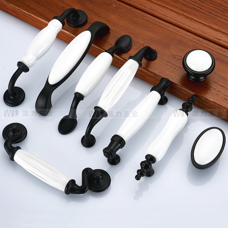 家具现代白陶1021柜门衣柜单孔欧式拉手橱柜把手抽屉陶瓷黑白简约