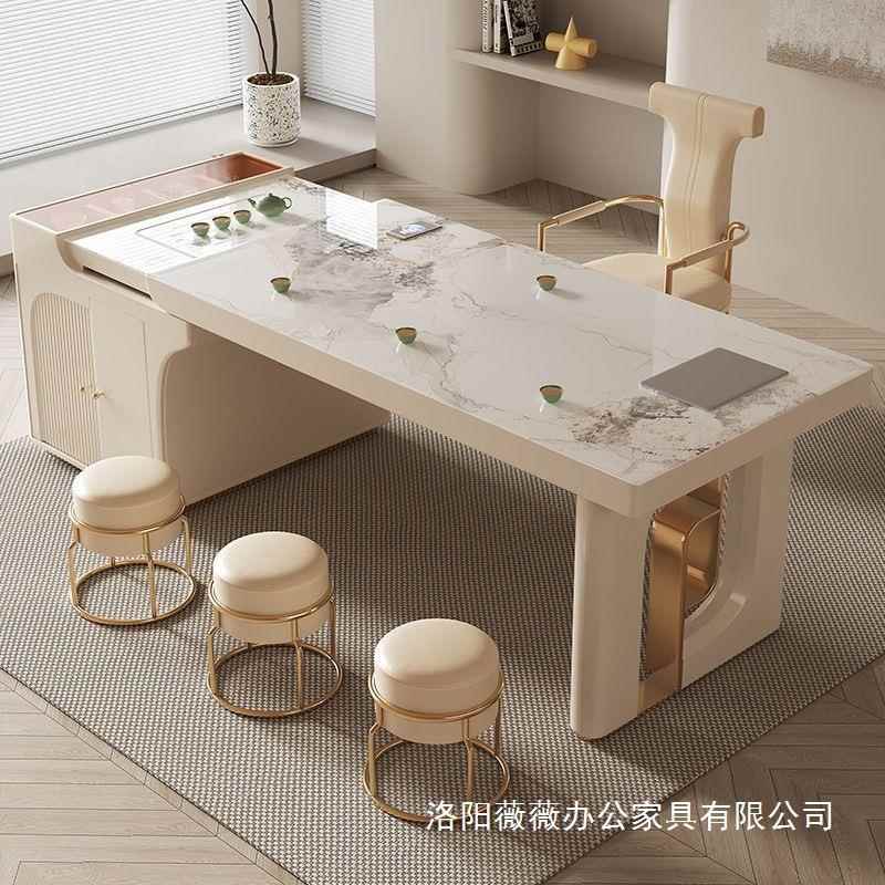 现代伸缩茶桌椅组合轻奢简约办公书桌茶桌一体两用泡茶岩板茶台桌