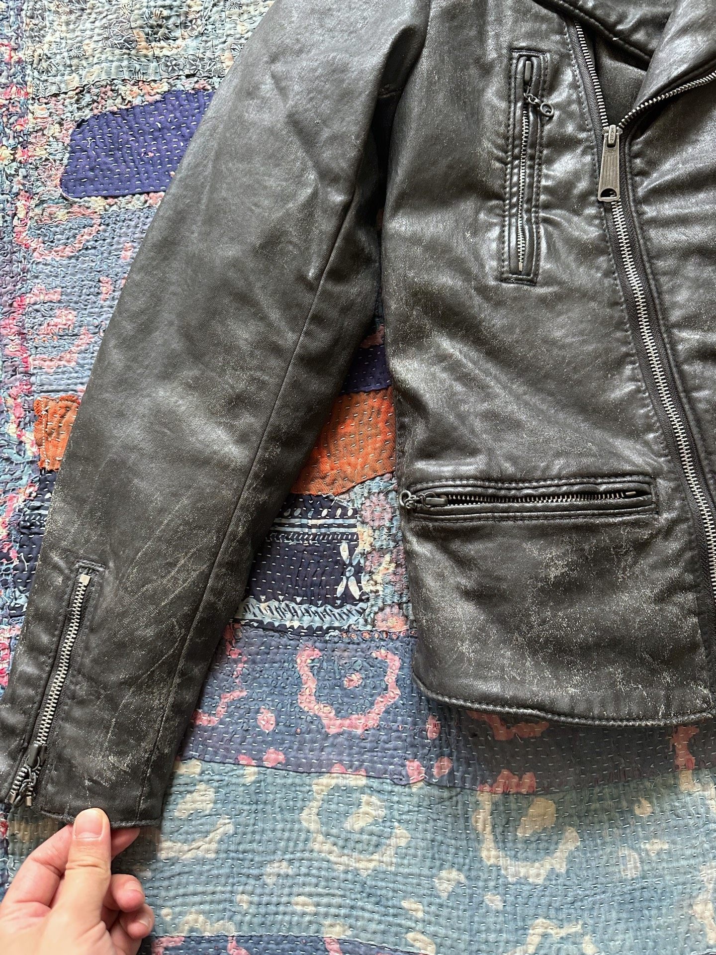 Black Coated Diagonal Zip Motorcycle Jacket — detail