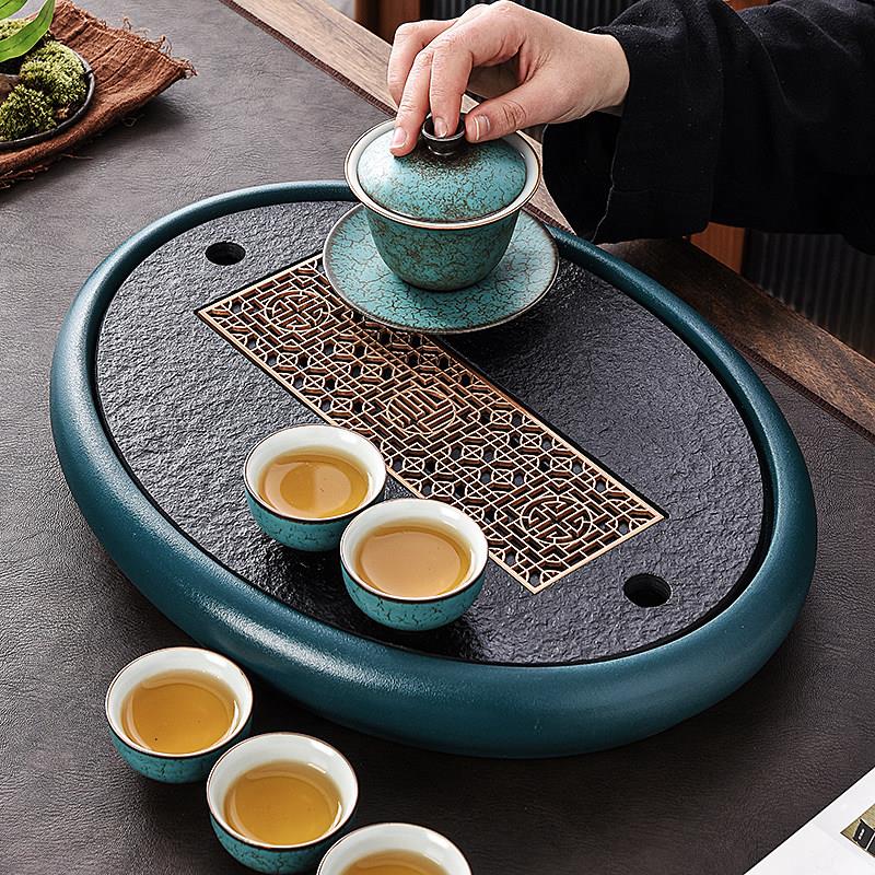 椭圆形茶盘陶瓷乌金石茶台现代简约家用小型储水干 干泡排水石头