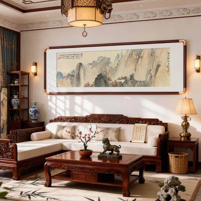 新中式客厅装饰画沙发背景墙挂画茶室办公室张大千山水风景画国画
