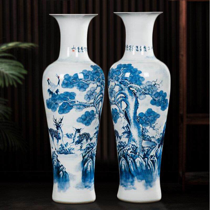 景德镇陶瓷青花落地大花瓶客厅中式手绘松鹤荷花摆件大号公司开业