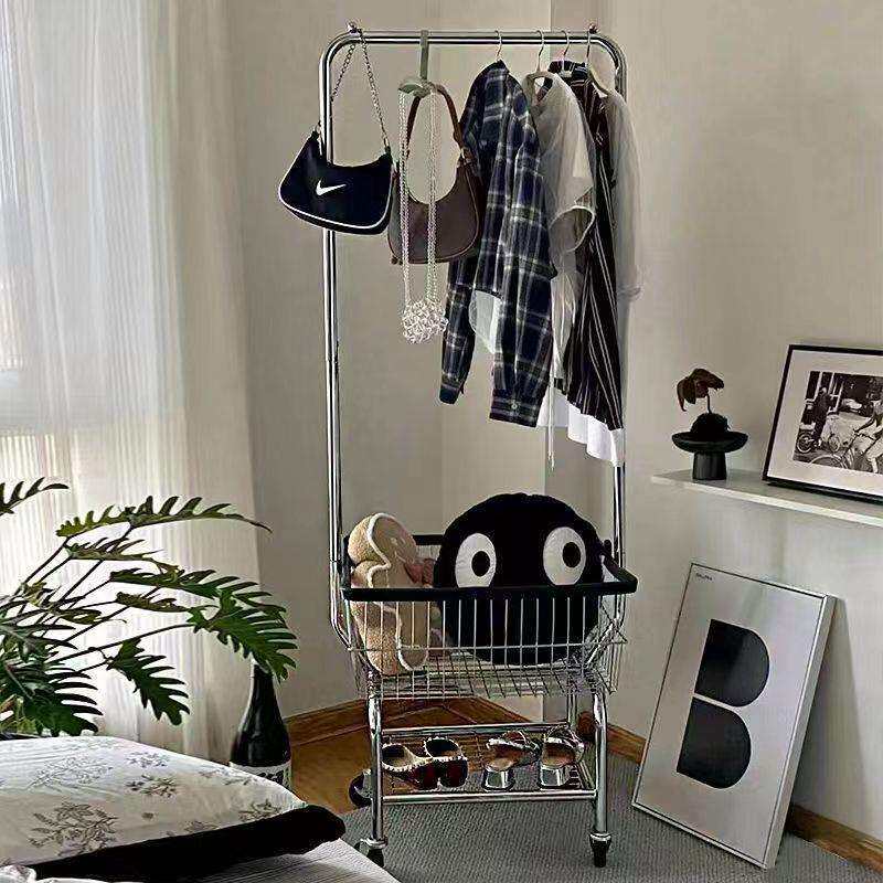 简易衣帽架加厚可移动晾衣架落地家用卧室挂衣架收纳篮服装店推车