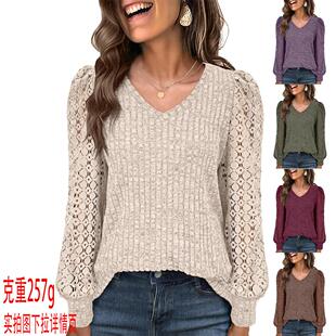 Women's patchwork V-neck lace top long sleeved base shirt