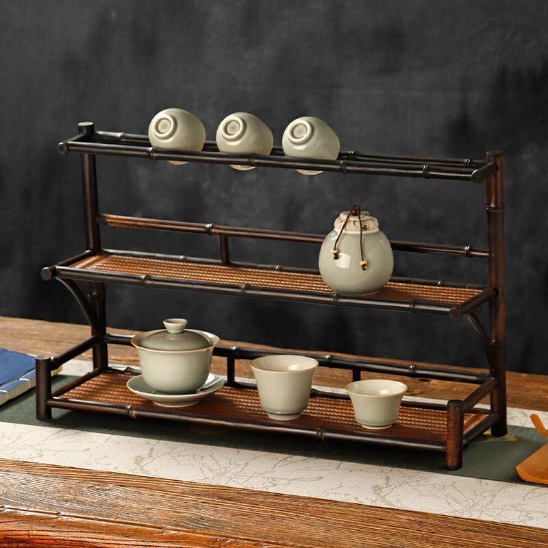 紫竹茶杯架中式复古 茶具收纳层架家用晾杯架 竹制茶壶展示架博古