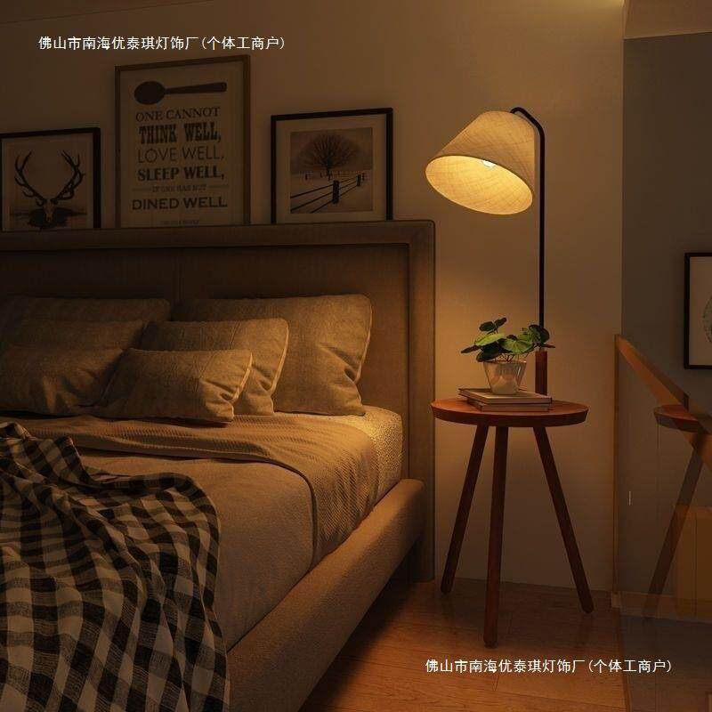 实木落地灯客厅沙发旁边茶几简约卧室床头柜置物一体网红立式台灯