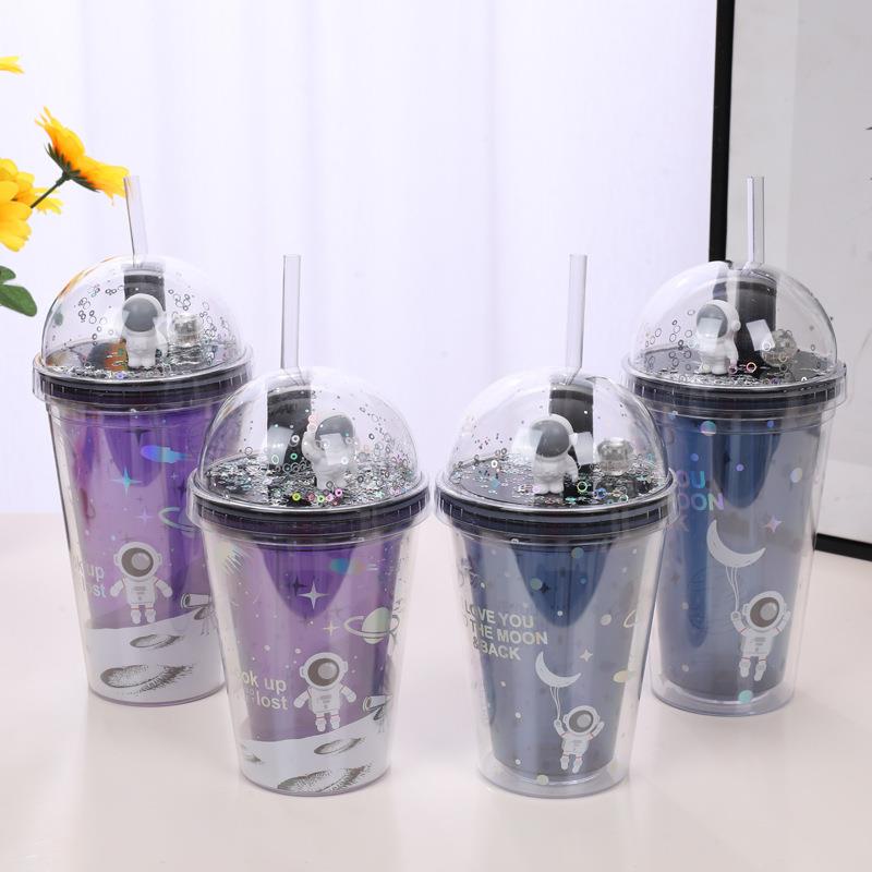 新款直销星际漫游双层吸管杯创意礼品宇航员塑料杯子儿童可爱水杯