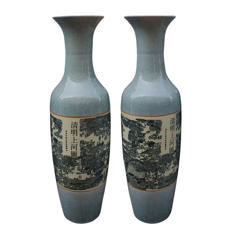 景德镇陶瓷工艺品仿古开片裂纹釉落地花瓶清明上河图家居酒店摆件