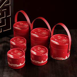 免折叠摆桌结婚礼喜糖盒子中国风红色糖果包装礼盒手提圆形纸空盒