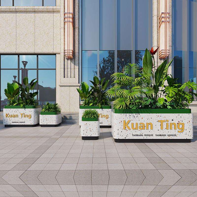 户外不锈钢仿水磨石花箱店铺商业街奶茶店咖啡厅铁艺花槽外摆花坛