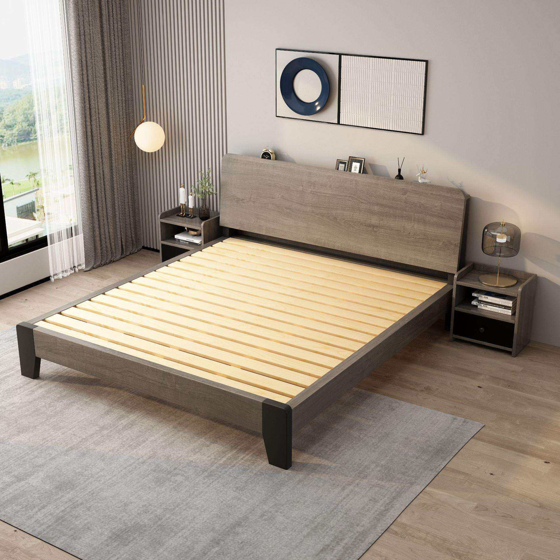 北欧实木板床简约主卧双人床轻奢家用经济型卧室单人床酒店板式床