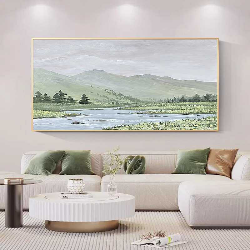 爆款手绘青山绿水 新中式 山水画田园客厅挂画沙发背景风景装饰画