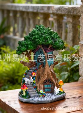 跨境太阳能树房屋雕像摆件庭院户外园艺公园微景观搭配装饰工艺品
