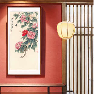 花开富贵写意工笔牡丹竖幅玄关走廊过道装饰画国画花鸟画成品带框