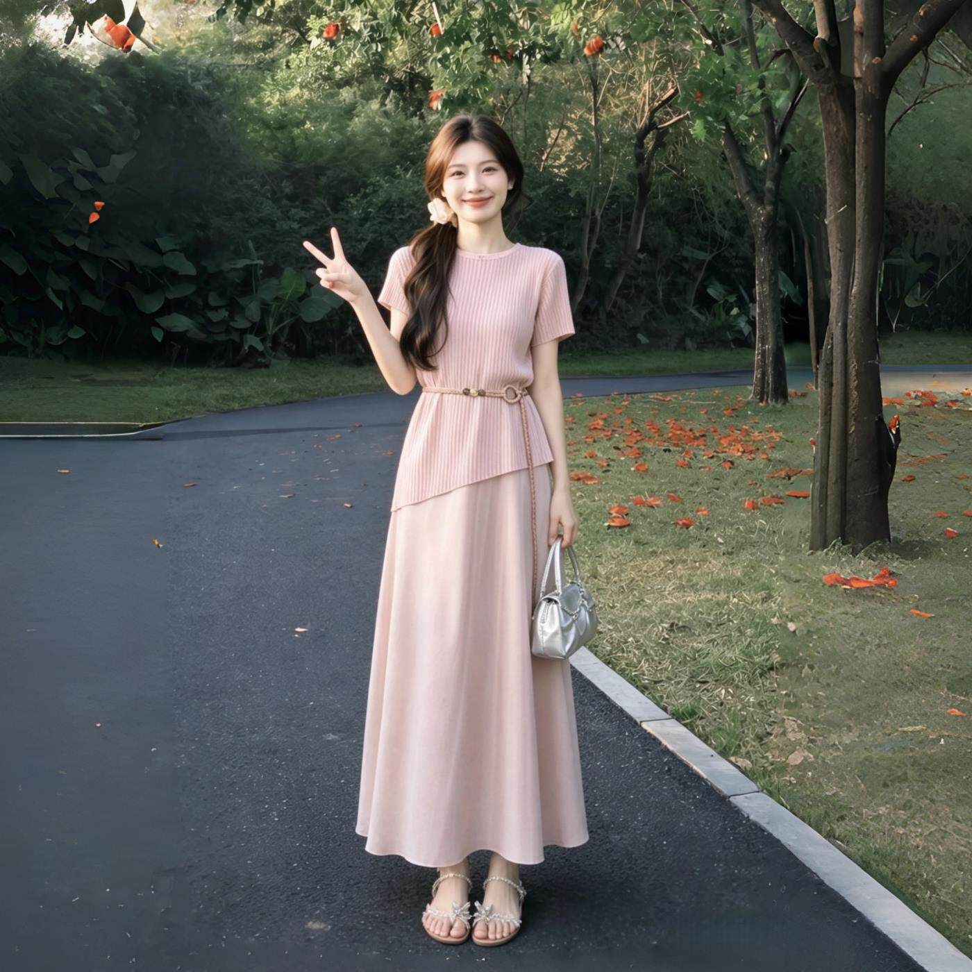粉色镂空短袖针织衫缎面洋装女夏季2026新款温柔风吊带裙两件套