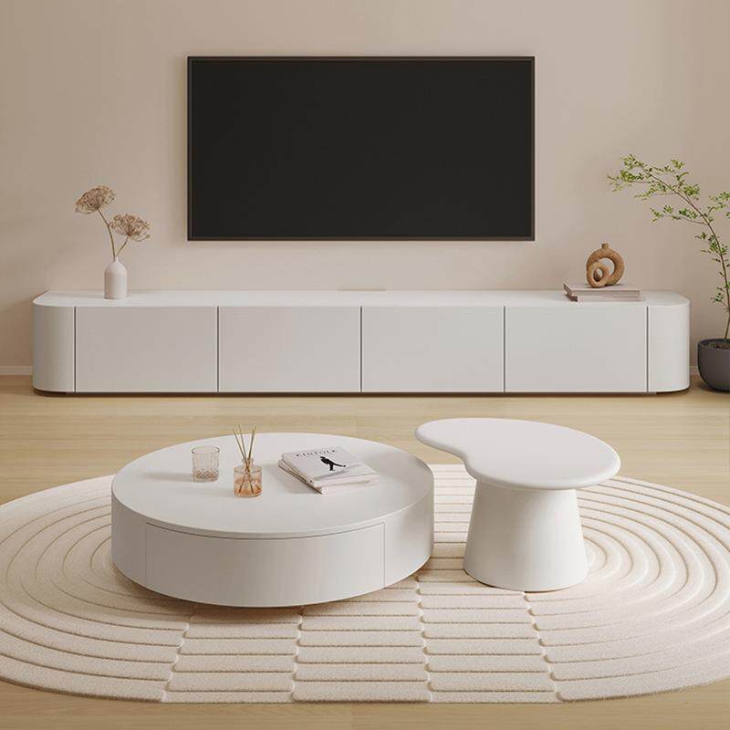奶油风白色烤漆大小户型客厅家用现代简约圆形实木茶几电视柜组合
