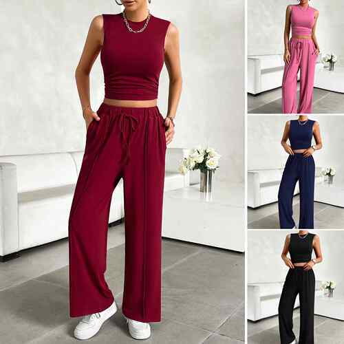 Women Summer Two Piece Outfits Ribbed Knit Crew Neck