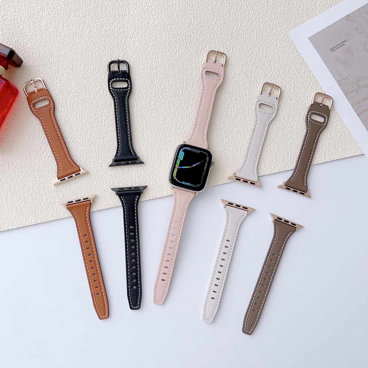 适用苹果iwatch8手表小蛮腰真皮表带s7细款6皮质SE复古商务ultra