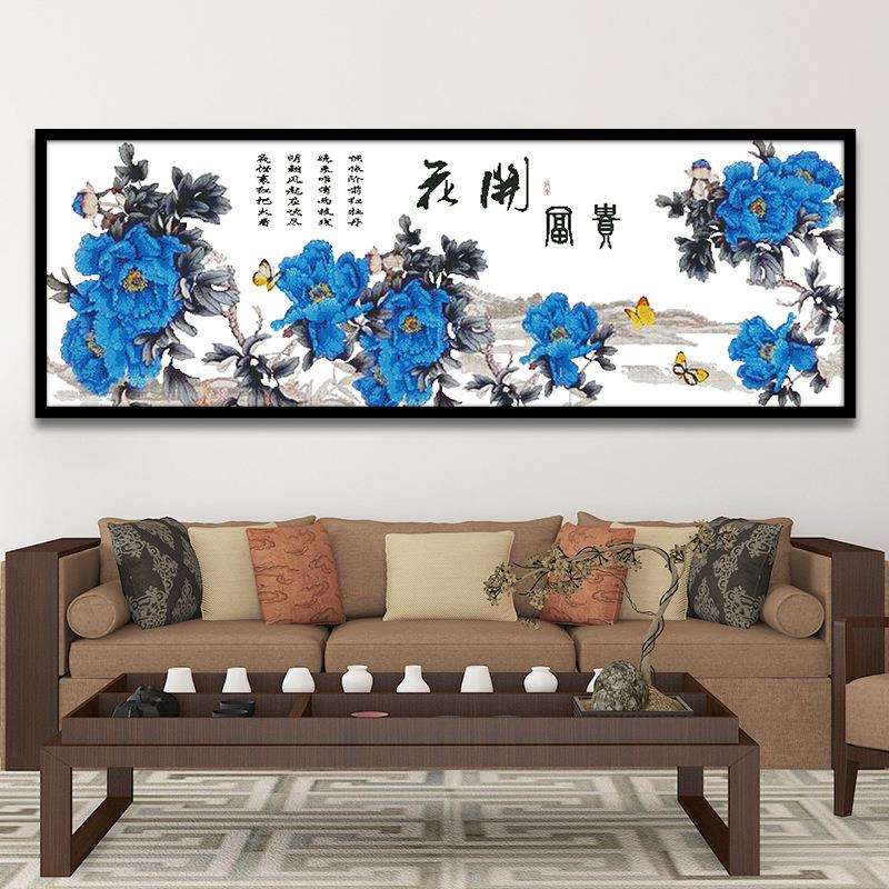 亚马逊新款十字绣客厅大幅牡丹挂画花开富贵蓝牡丹诗文版材料