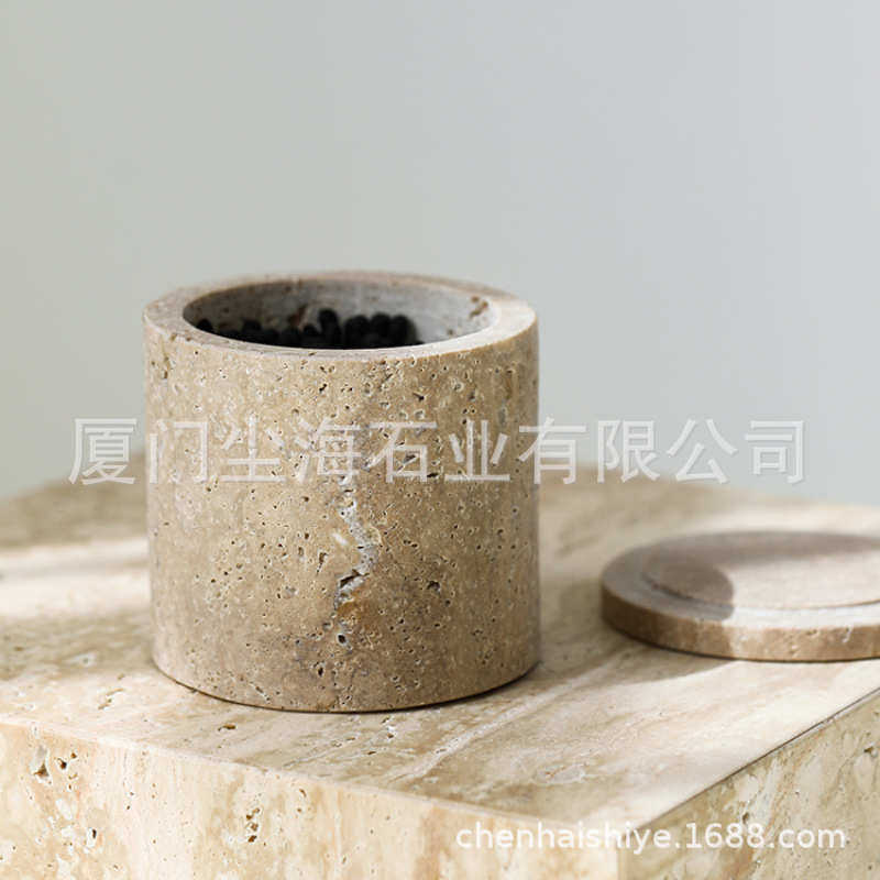 罐装摆件天然设计储酒店收纳盒洞物饰品盒家居桌面石带棉签复古盖