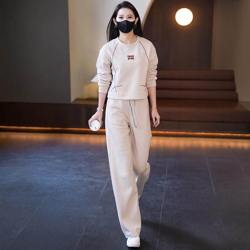 时尚休闲运动套装女2026春秋宽松撞色短款圆领卫衣阔腿裤两件套潮