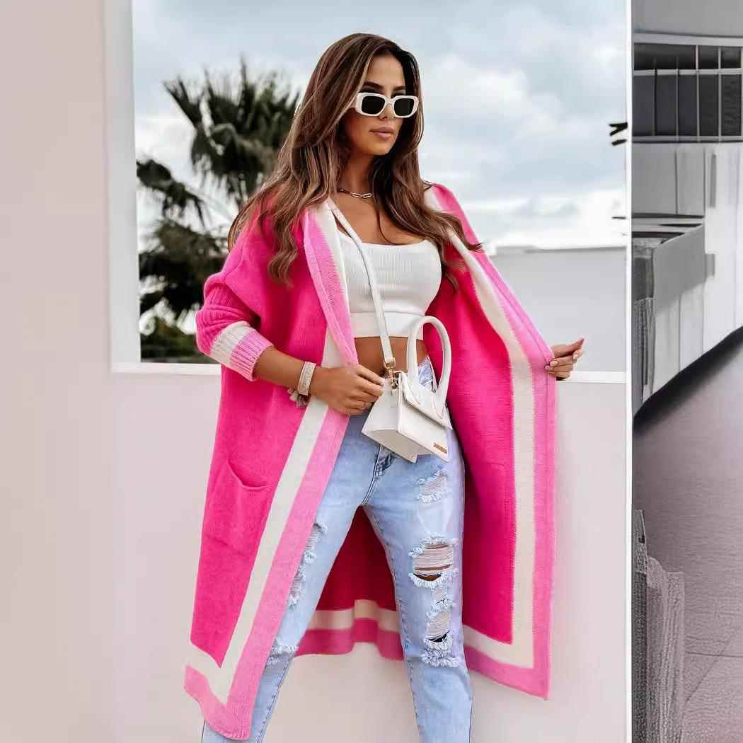 color pockets blocking long cardigan casual women tops