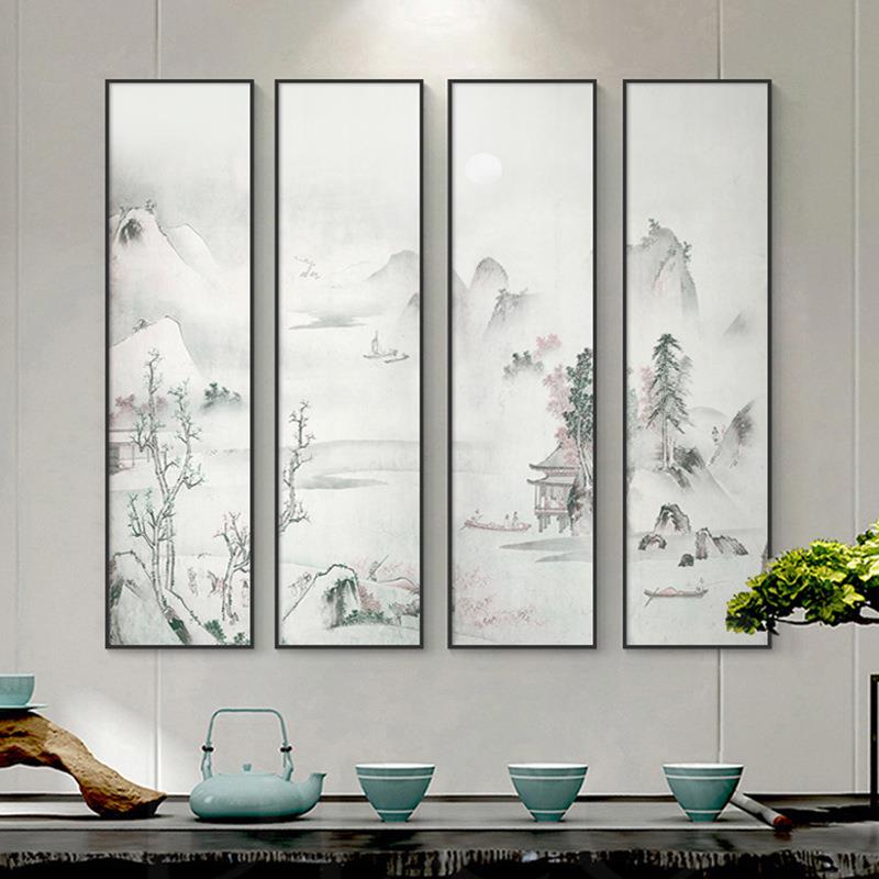 新中式装饰画竖版四联双联别墅软装挂画民宿酒店大堂禅意茶室壁画