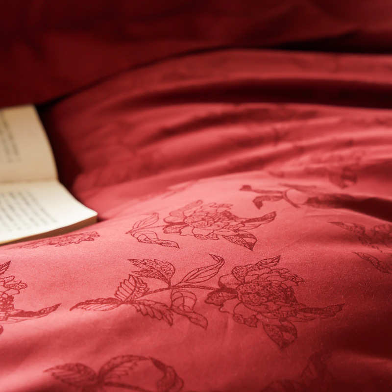 简约新中式婚庆100支全棉磨毛四件套提花被套结婚床上用品红色