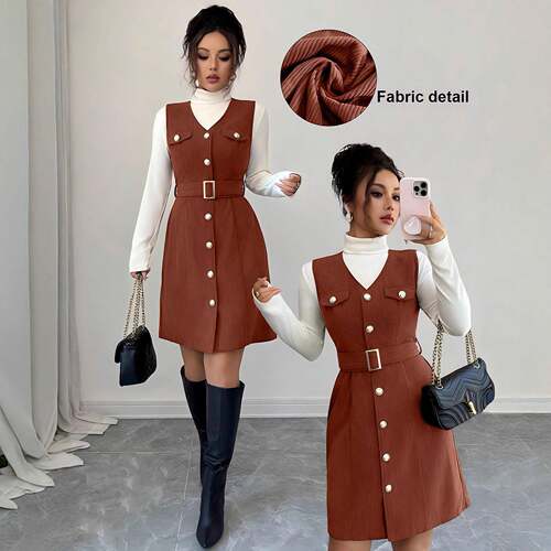 Elegant Vintage Casual Wear Holiday Corduroy VNeck Dress