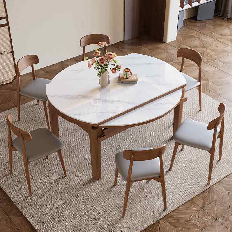 岩板餐桌家用轻奢现代简约小户型可伸缩折叠实木吃饭桌子可变圆桌