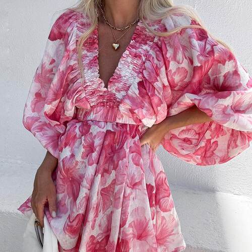 V-neck backless floral dress, waist cinching short printed