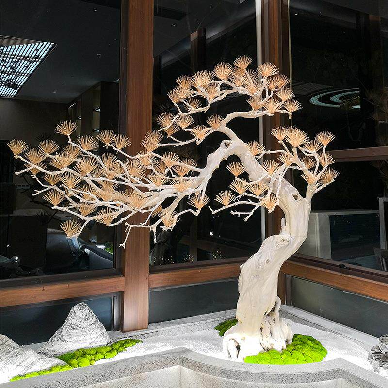 新中式高端雕刻迎客松树室内仿真绿植造景装饰橱窗楼梯玄关假仿生