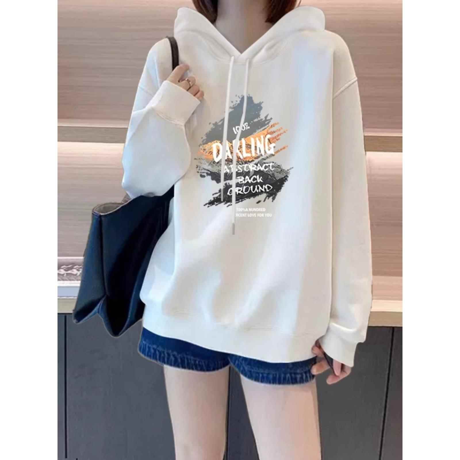 白色连帽女运动衫2025春秋季新休闲宽松字母印花套头衫长袖上衣夹