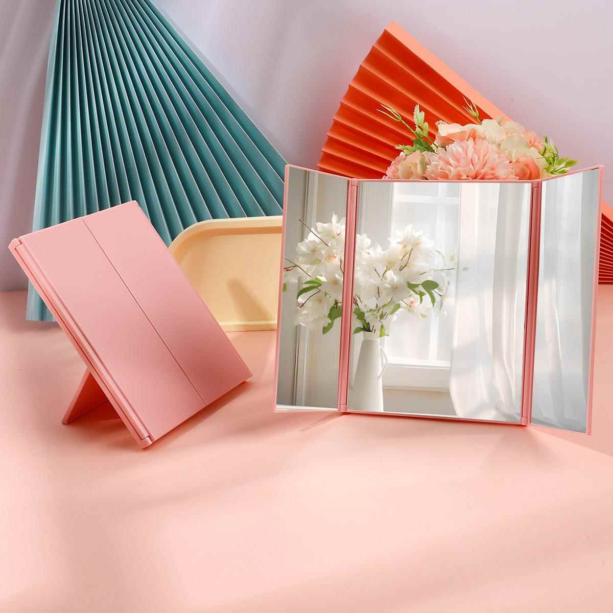 跨境三折镜子女士化妆镜便携式折叠镜桌面镜子塑料镜子手持镜