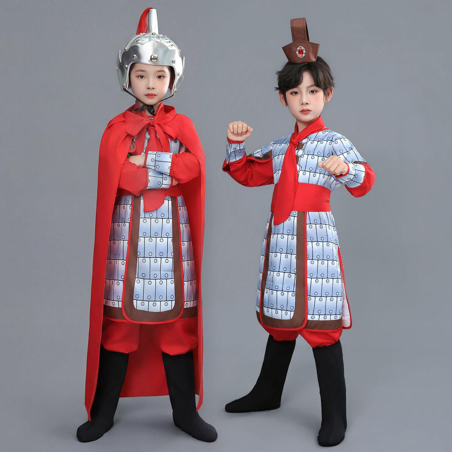 古代盔甲儿童古代将军士兵演出服舞台剧戏曲铠甲战袍红色