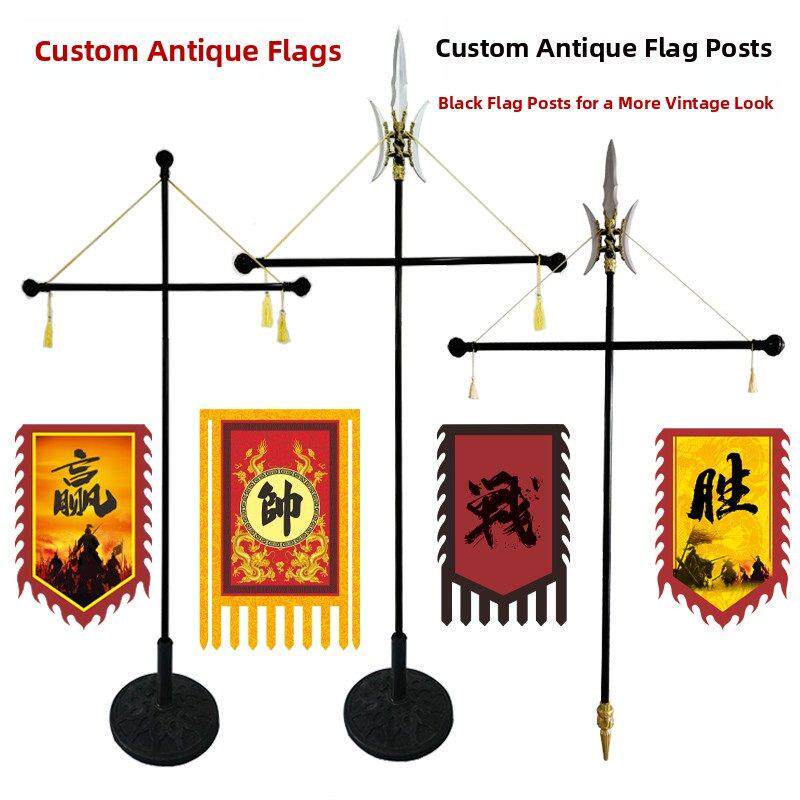 古董旗杆方田彩绘戟与基地战争旗十字手持黑色旗杆t形伸缩不锈钢