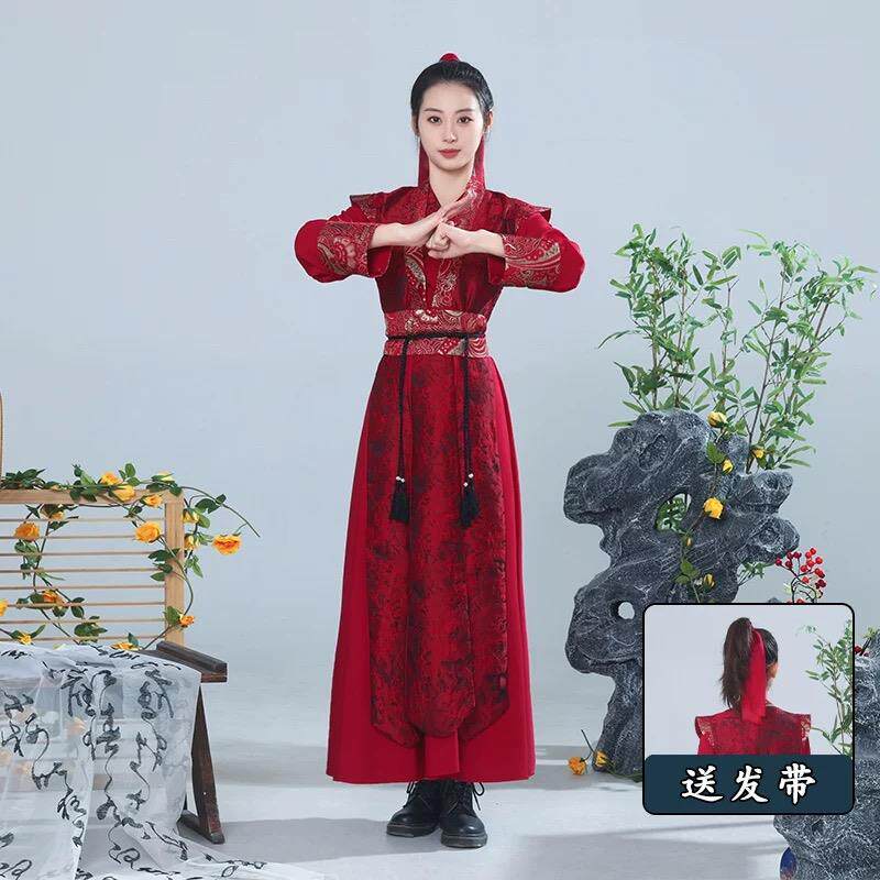 正品红色打鼓演出服男女侠客风花木古兰舞王国风装剑象行舞蹈服雪