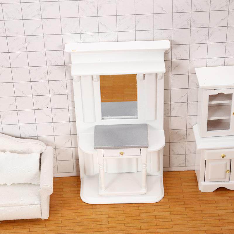 1:12娃娃屋dollhouse迷你家具模型摆件 白色带镜简约梳妆台配件
