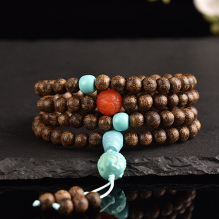 越南老料沉香6mm/108颗佛珠手串配饰绿松石老型珠小佛头