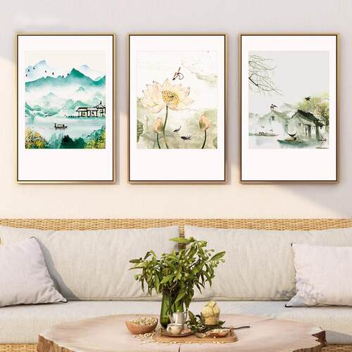 花水墨江南新厅中式客QIV挂画餐厅背景装饰画风景荷现代壁简约书