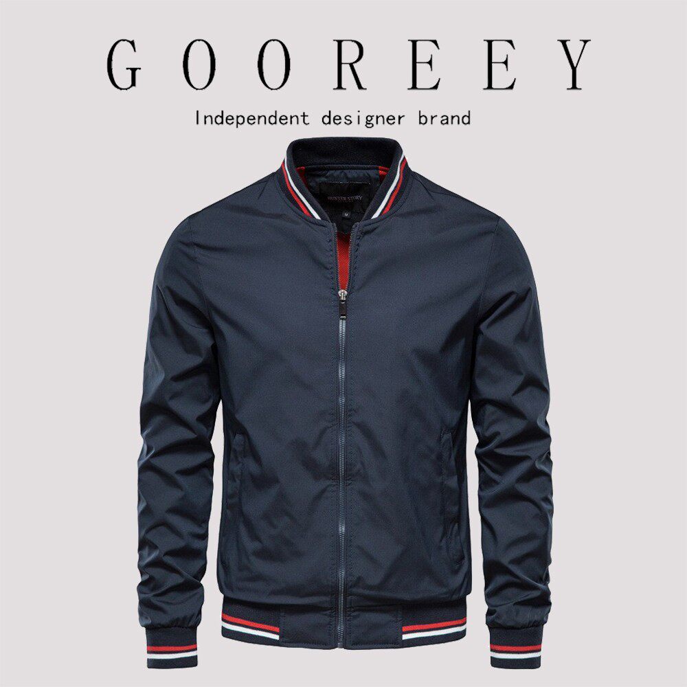 GooReey春秋薄款男士时尚潮牌夹克男立领休闲外套修身棒球服防风