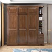 实木衣柜H433三门推拉门门带镜纳物柜小户储型卧室胡桃木滑收移大