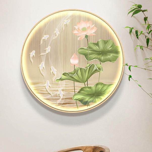 荷花鱼图关装式饰画新中形画走廊过道挂画轻圆奢led灯SAO画壁玄画