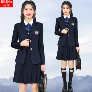 小个子学院风西服百褶裙jk制服套装 高级感 外套女春秋季 墨绿色西装
