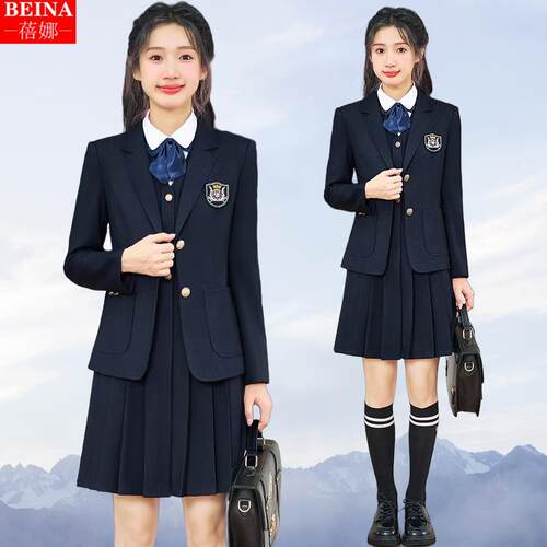 墨绿色西装外套女春秋季小个子学院风西服百褶裙jk制服套装高级感
