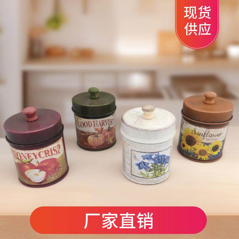 欧式复古做旧带盖收纳铁皮桶酒吧陈列摆件摄影铁艺道创意家居植物