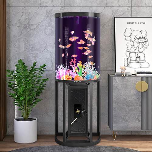 海丽雅新款生态客厅鱼缸小型免换水创意圆柱金鱼缸落地家用水族箱