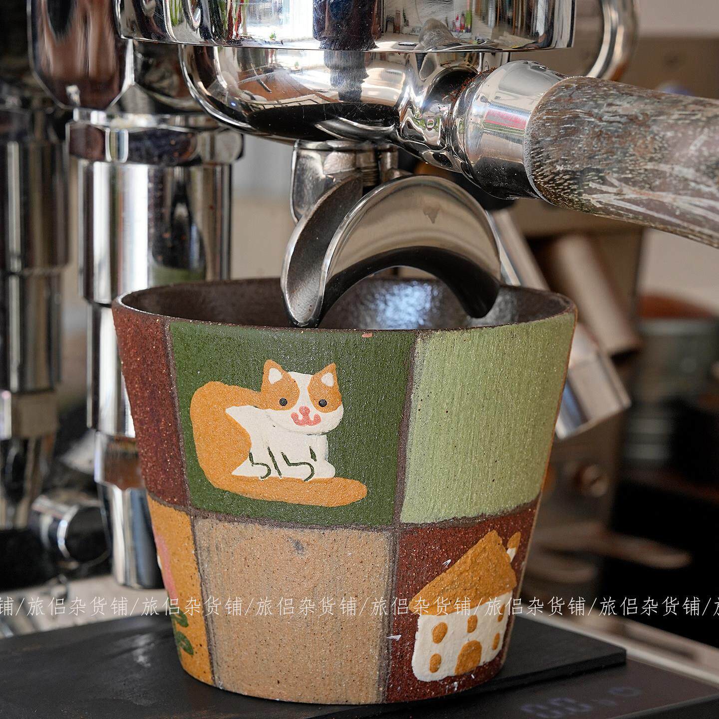 景德镇手绘格纹猫咪小房子咖啡杯拿铁拉花杯主人杯可爱杯子